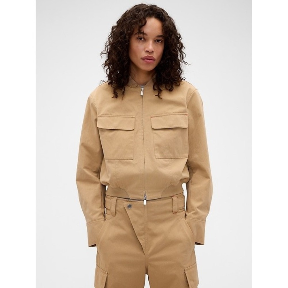 Victoria Beckham x Gap Women Tan Utility Bomber Jacket Cropped Khaki Twill NEW